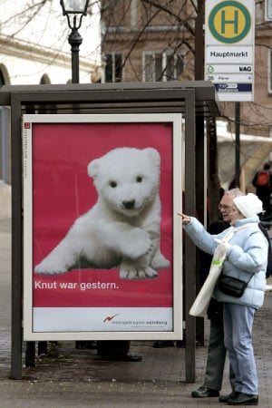 The Nuremberg zoo isn't shying away from the commercialization of their new arrival either. The poster reads, "Knut was yesterday," a reference to the Berlin Zoo's popular polar bear cub Knut.Photo: DPA