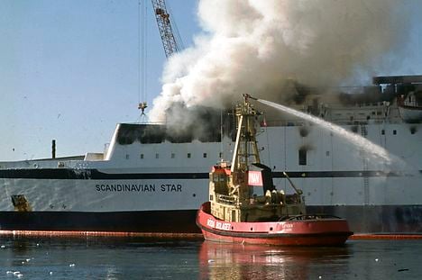 A 1990 file photo of the fatal fire aboard the Scandinavian Star. Photo: Claus Bjørn Larsen/Scanpix