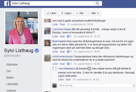 Screenshot of comments that have now been deleted from Listhaug's page. Screenshot: Facebook/NTB Scanpix