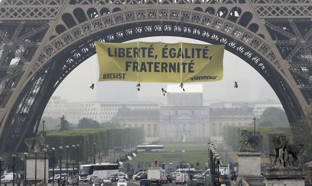 Greenpeace banner on Eiffel Tower