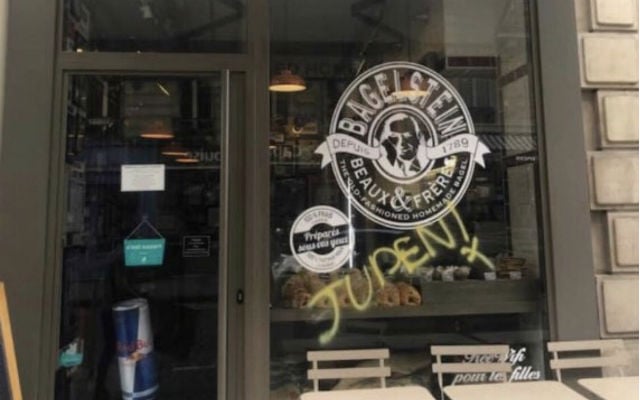 Outrage in Paris over anti-Semitic graffiti on bagel restaurant window