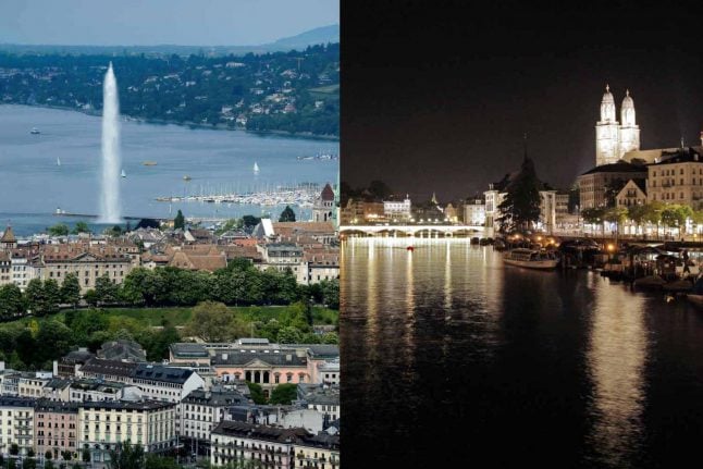 A split screen image of Zurich and Geneva. Image/AFP