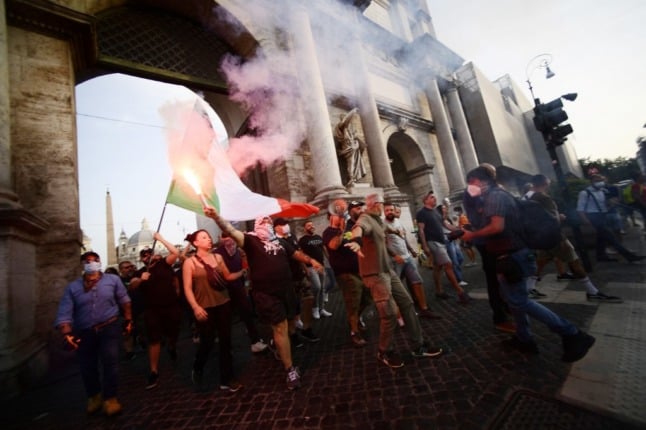 Members of Forza Nuova have been involved in several 'No Green pass' protests in Rome, with the most recent on Saturday becoming violent. Photo: Filippo MONTEFORTE / AFP