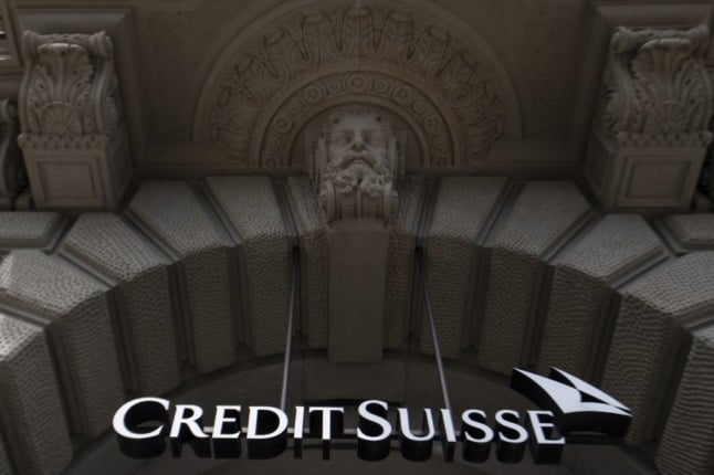 the front entrance of the headquarters of Swiss bank Credit Suisse in Zurich