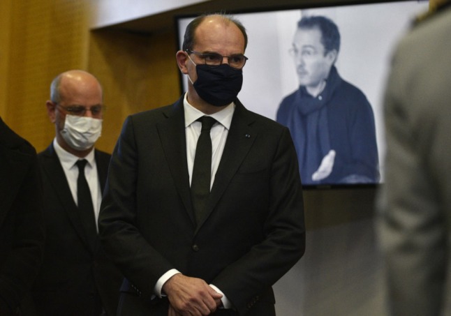 French Prime Minister Jean Castex and French Education Minister Jean-Michel Blanquer (L) attend the unveiling of a memorial plaque in memory of Samuel Paty