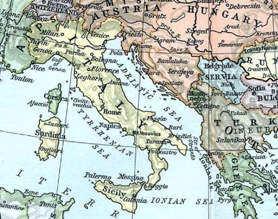 Map of Italy and the Adriatic, Ionian, and Tyrrhenian seas in 1911. 