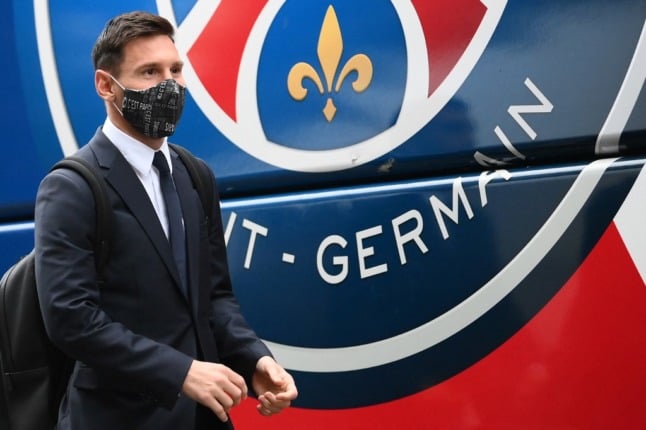 PSG star, Lionel Messi, wearing a mask. Sporting activity in France is subject to various new Covid rules.