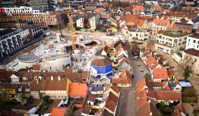 An April 2020 drone photo shows the new Hans Christian Andersen Museum during construction in Odense.