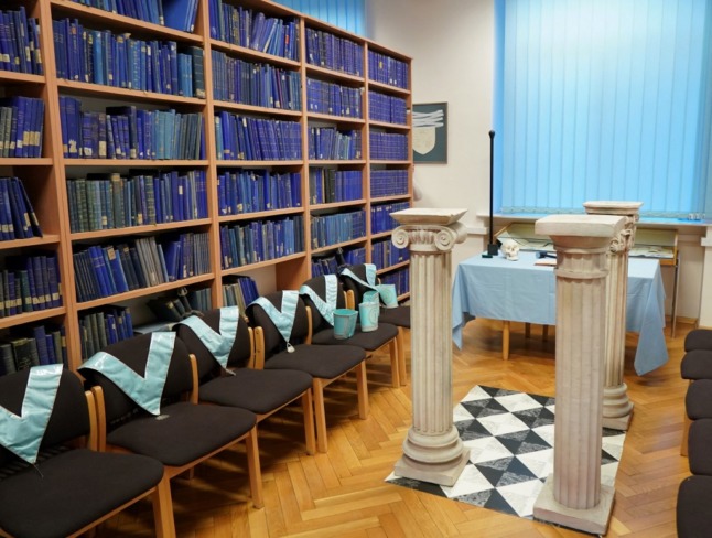 Masonic collars are seen next to book shelves at the Poznan University Library in western Poland.
