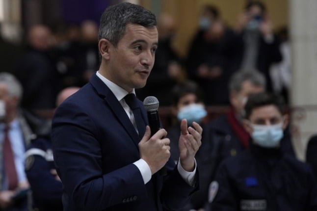 French Interior Minister Gerald Darmanin delivers a speech.
